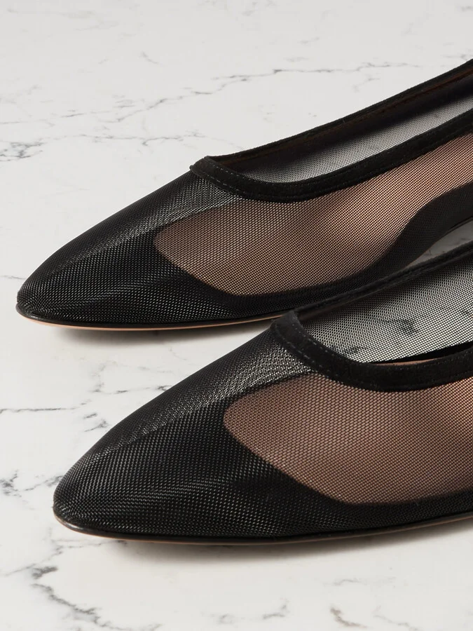 Gianvito Rossi - Suede-trimmed Mesh Point-toe Flats - Black - Image 4