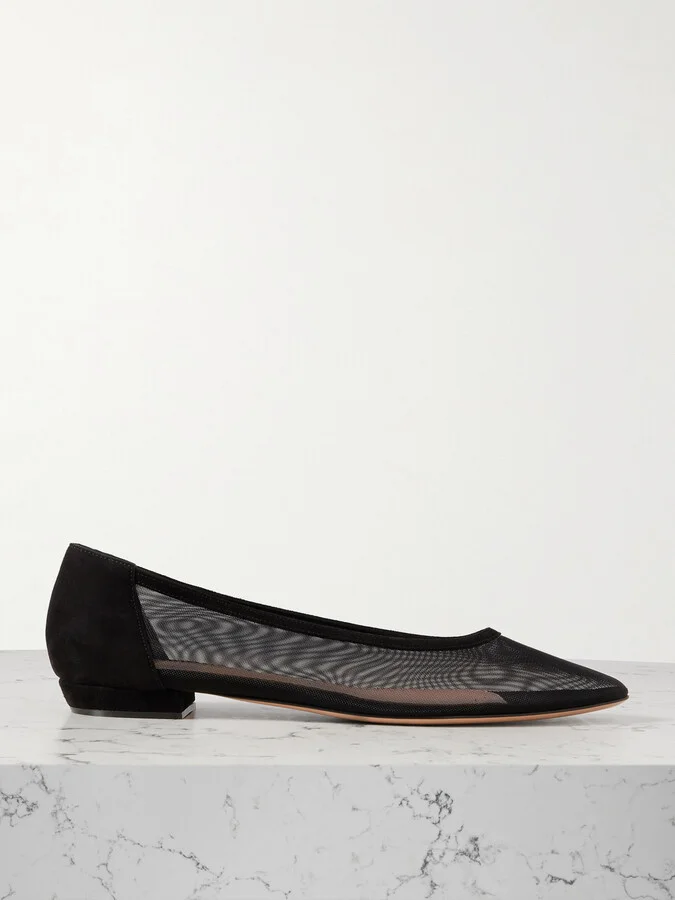 Gianvito Rossi - Suede-trimmed Mesh Point-toe Flats - Black