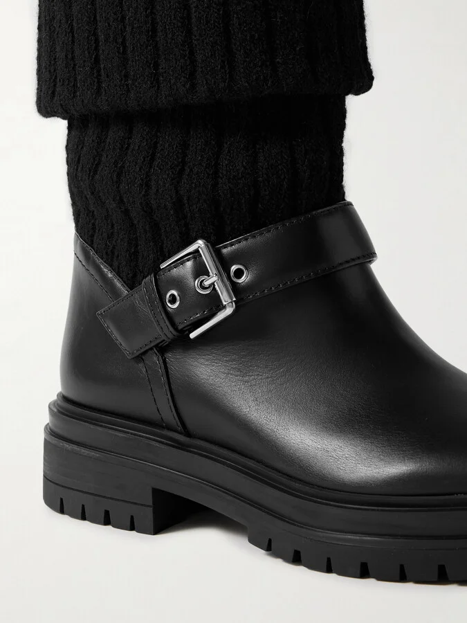 Gianvito Rossi - Thurso Buckled Leather And Ribbed-knit Ankle Boots - Black - Image 4