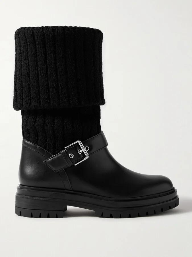 Gianvito Rossi - Thurso Buckled Leather And Ribbed-knit Ankle Boots - Black
