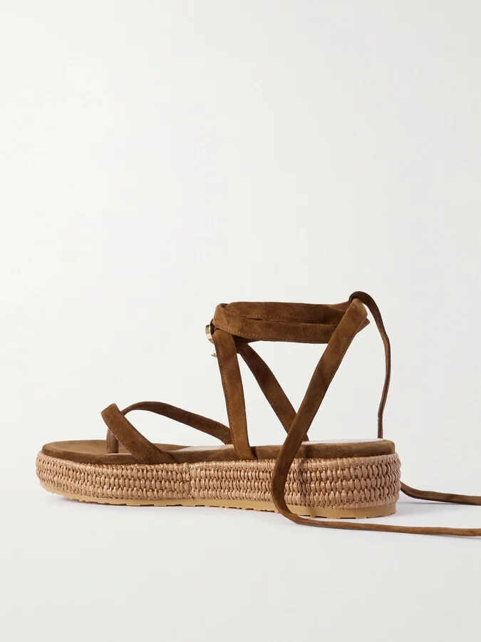 Gianvito Rossi - Yasmine Embellished Raffia-trimmed Suede Sandals - Brown - Image 3