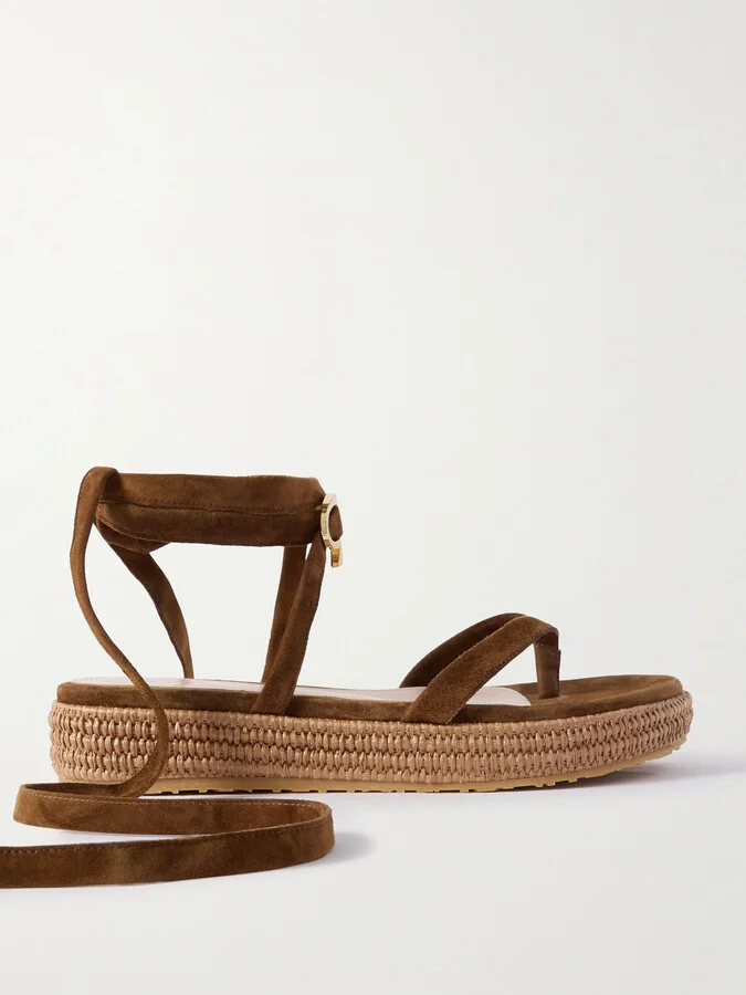 Gianvito Rossi - Yasmine Embellished Raffia-trimmed Suede Sandals - Brown