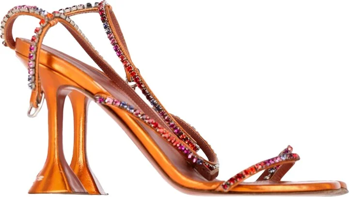 Gilda Embellished Ankle Strap Sandal Heels in Orange Calf Leather