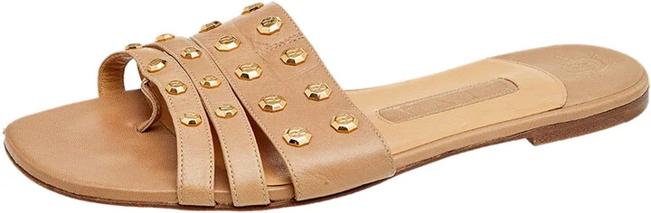 Gina Beige Leather Embellished Slide Sandals Size 38.5