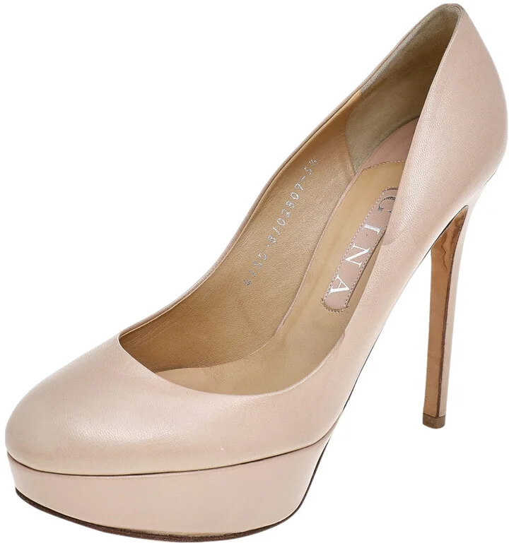 Gina Beige Leather Round Toe Platform Pumps Size 38.5
