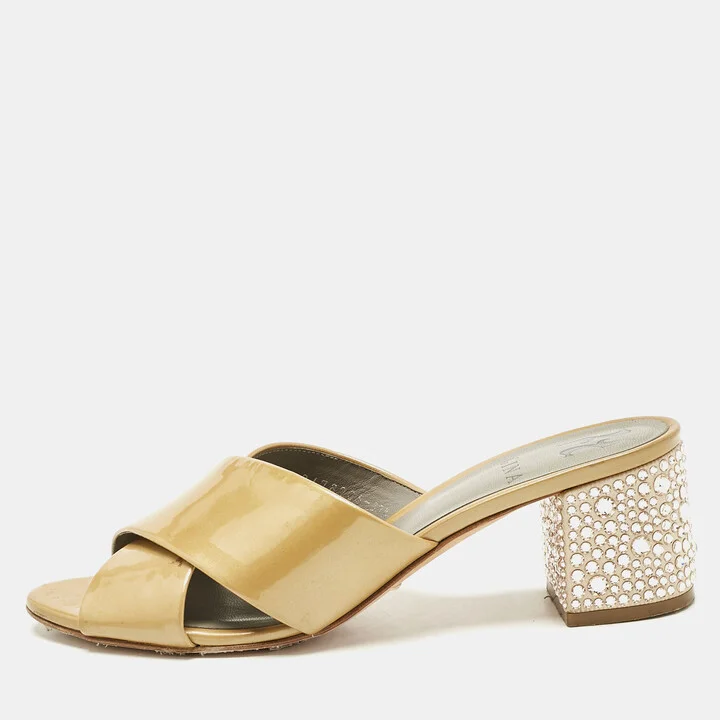 Gina Beige Patent Leather Crisscross Crystal Embellished Block Heel Sandals Size 37.5