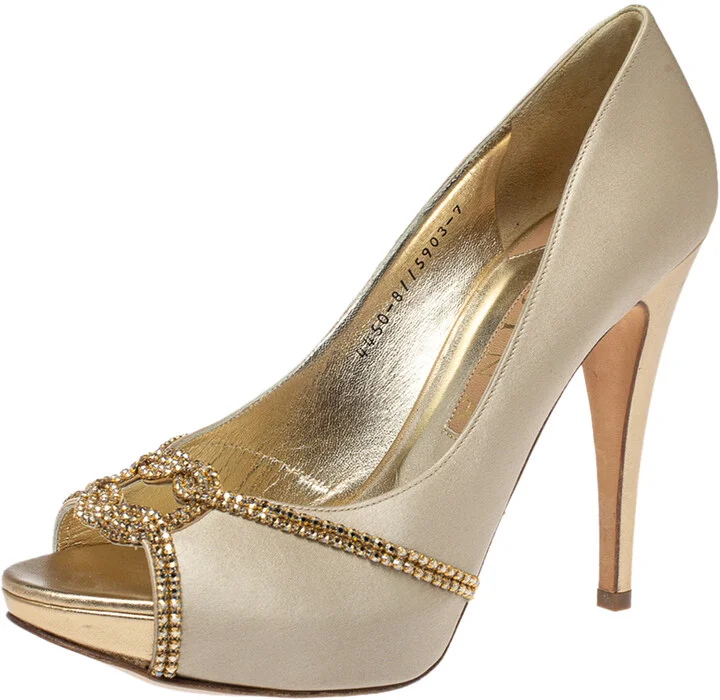 Gina Beige Satin Crystal Embellished Peep Toe Pumps Size 40