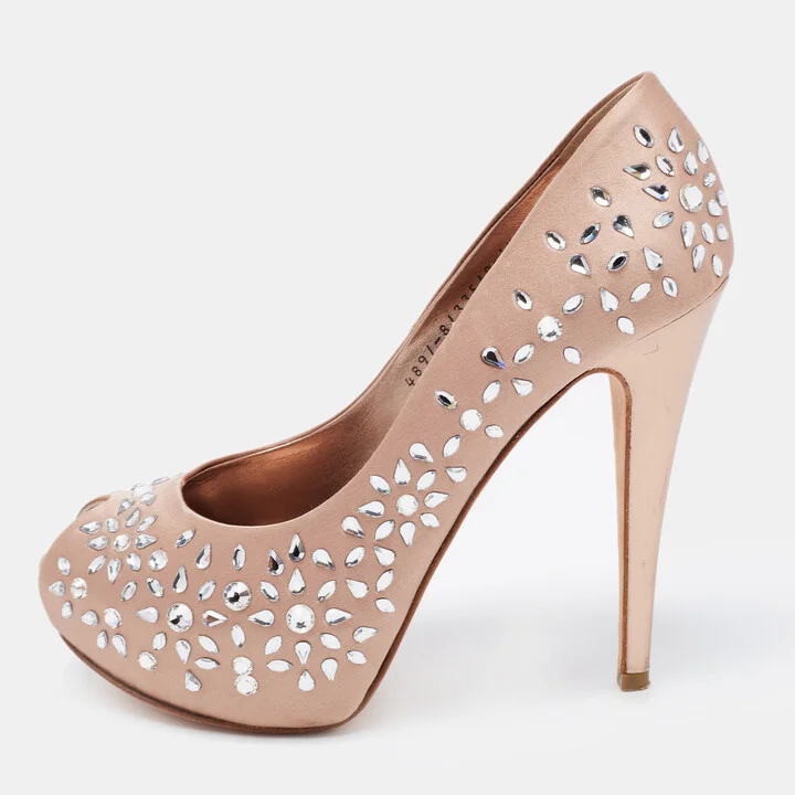 Gina Beige Satin Embellished Peep Toe Platform Pumps Size 39.5