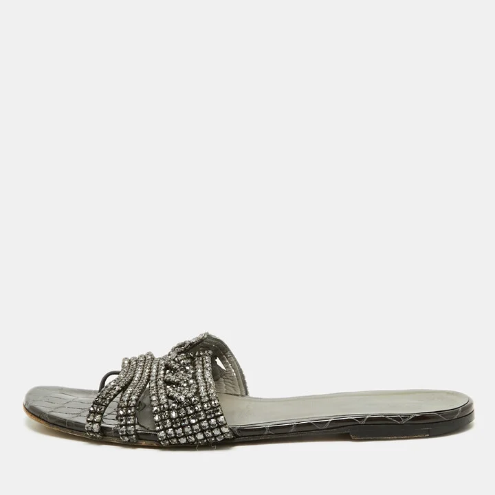 Gina Black Croc Embossed Patent Crystal Embellished Flat Slide Sandals Size 41