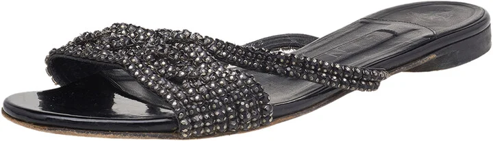 Gina Black Crystal Embellished Leather Flat Slides Size 37.5