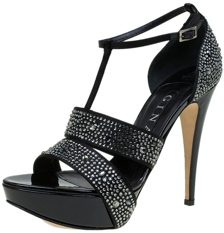 Gina Black Crystal Embellished Leather T Strap Platform Sandals Size 38