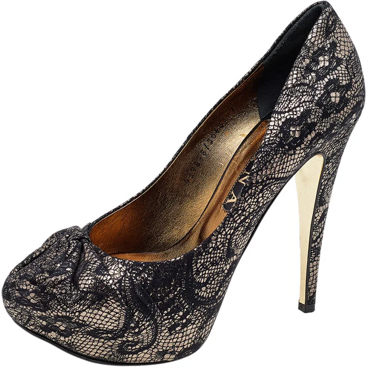 Gina Black/Gold Lace and Leather Platform Pumps Size 40