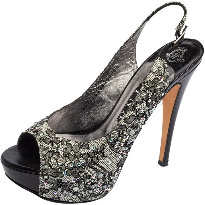 Gina Black Lace Crystal Embellished Peep Toe Slingback Platform Pumps Size 37.5