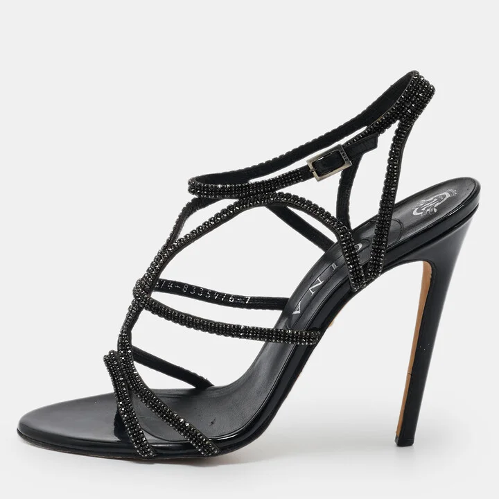 Gina Black Leather Crystal Embellished Ankle Strap Sandals Size 40