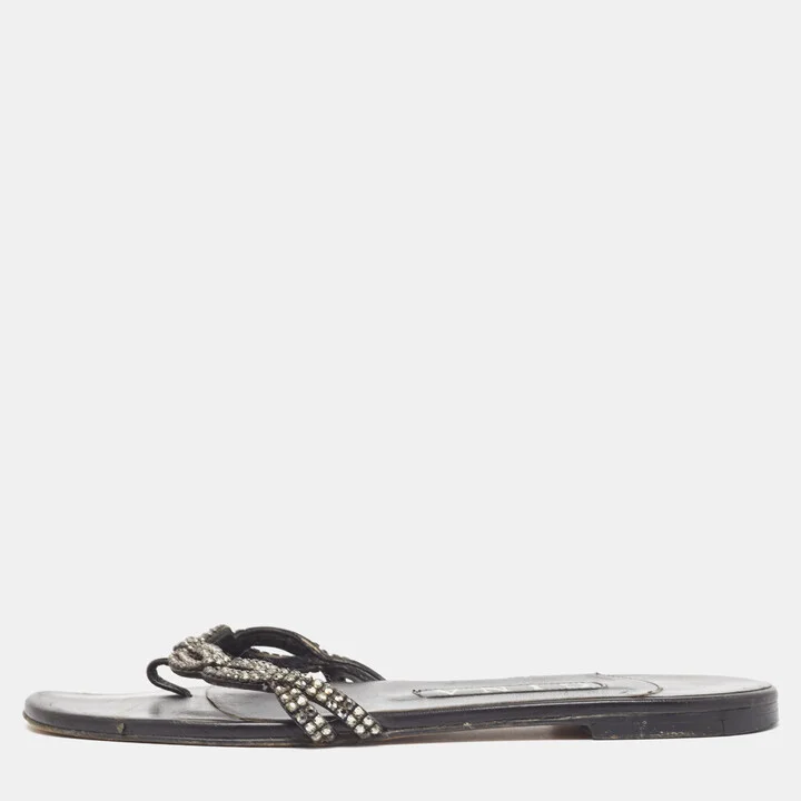 Gina Black Leather Crystal Embellished Flat Slides Size 37