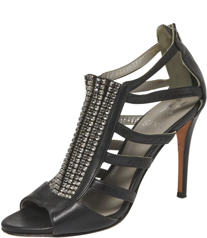Gina Black Leather Crystal Embellished Sandals Size 37.5