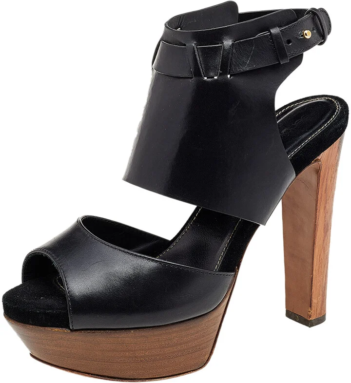 Gina Black Leather Open Toe Platform Pumps Size 37.5