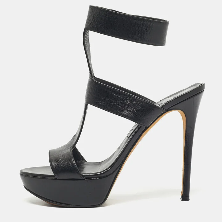 Gina Black Leather Platform Ankle Strap Sandals Size 40
