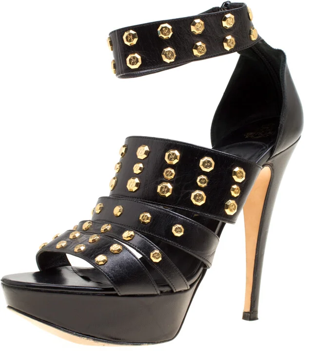 Gina Black Leather Studded Ankle Strap Platform Sandals Size 39.5