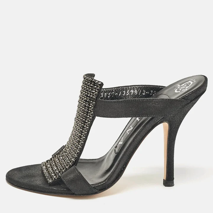 Gina Black Nubuck Leather Crystal Embellished Slide Sandals Size 36.5