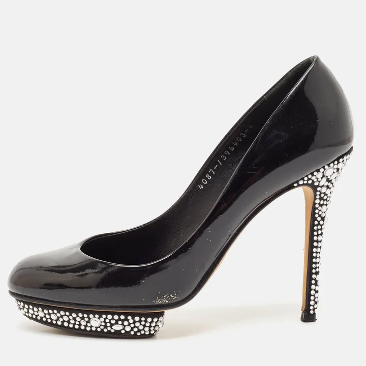 Gina Black Patent Leather Crystal Embellished Heel Platform Pumps Size 39