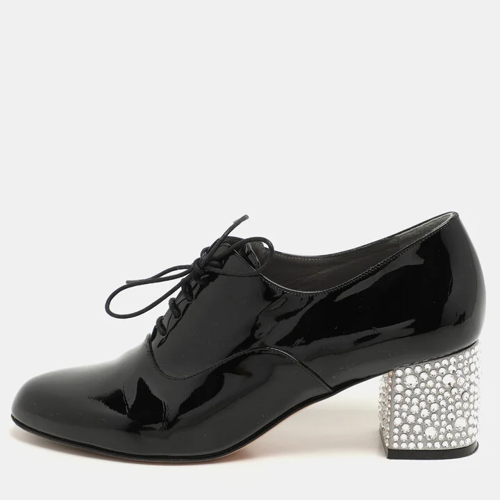 Gina Black Patent Leather Crystal Embellished Oxford Pumps Size 38
