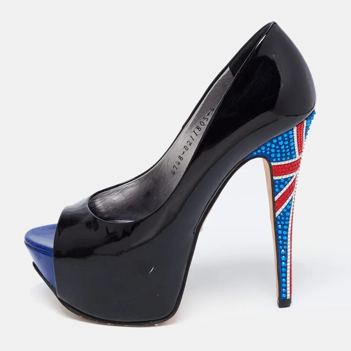 Gina Black Patent Leather Crystal Embellished Peep Toe Platform Pumps Size 37