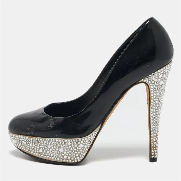 Gina Black Patent Leather Crystal Embellished Platform Pumps Size 37