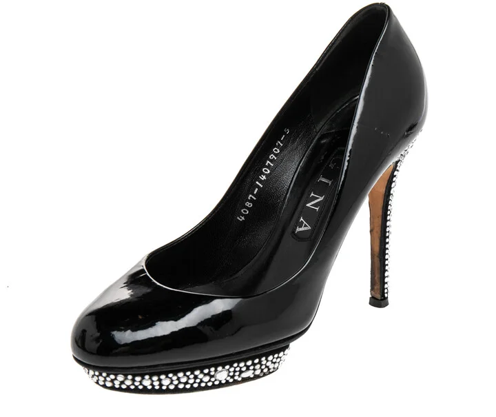 Gina Black Patent Leather Crystal Embellished Pumps Size 38
