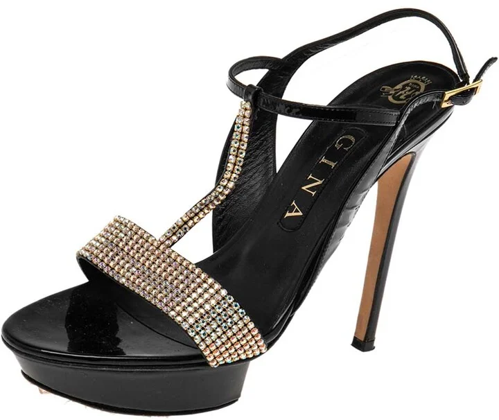 Gina Black Patent Leather Crystal Embellished T-Strap Sandals Size 39.5