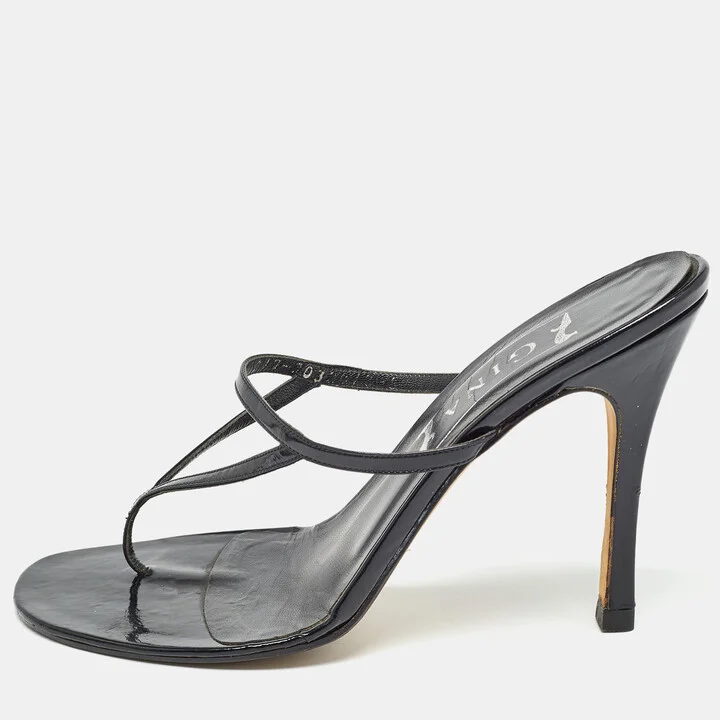 Gina Black Patent Leather Thong Slide Sandals Size 39