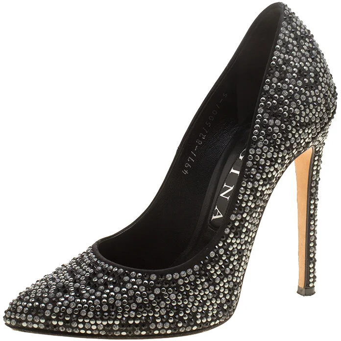 Gina Black Satin Anais Crystal Embellished Pumps Size 38