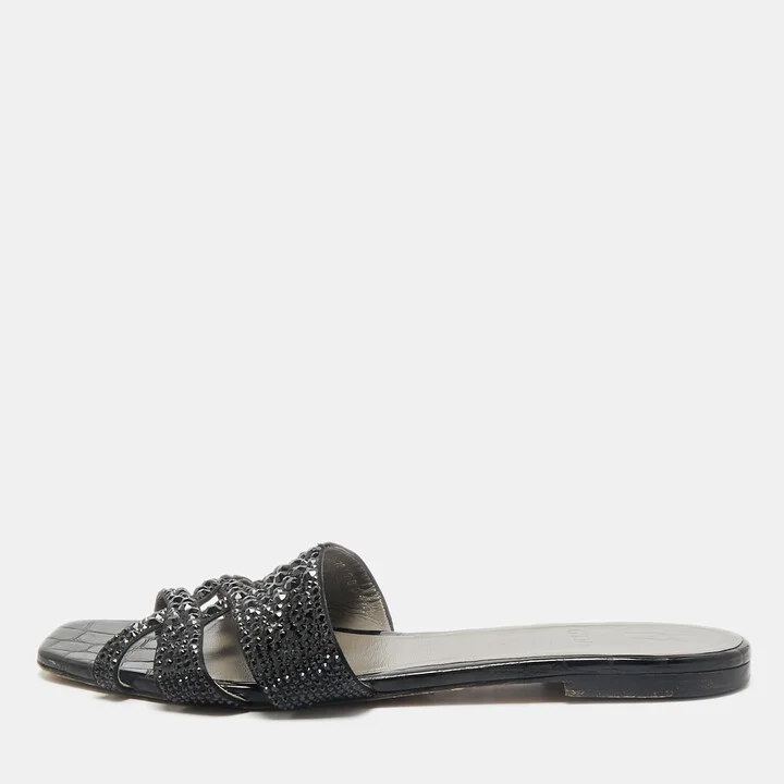 Gina Black Satin Crystal Embellished Loren Flat Slide Sandals Size 41