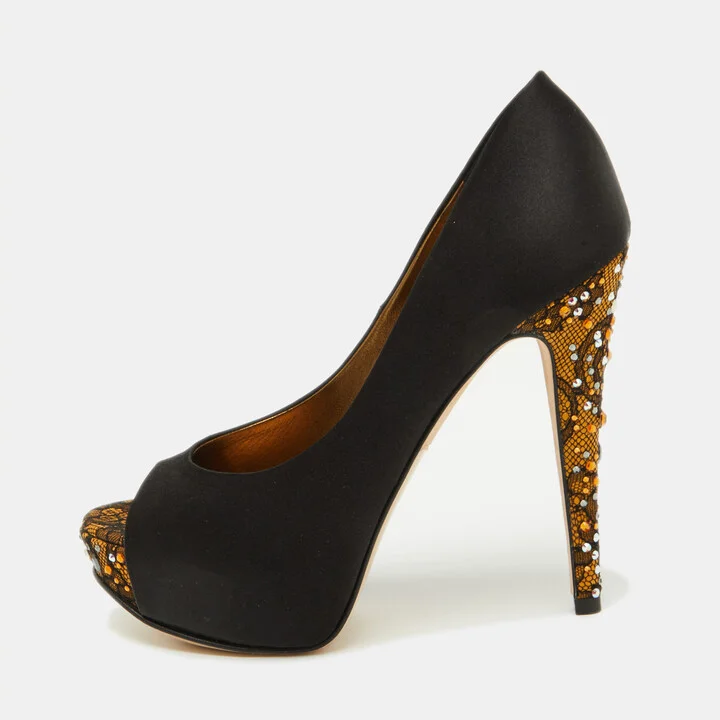 Gina Black Satin Crystal Embellished Peep Toe Platform Pumps Size 37