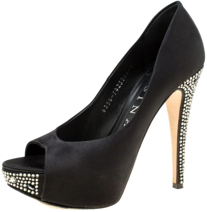 Gina Black Satin Crystal Embellished Peep Toe Platform Pumps Size 37