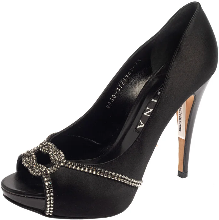 Gina Black Satin Crystal Embellished Platform Peep Toe Pumps Size 40.5