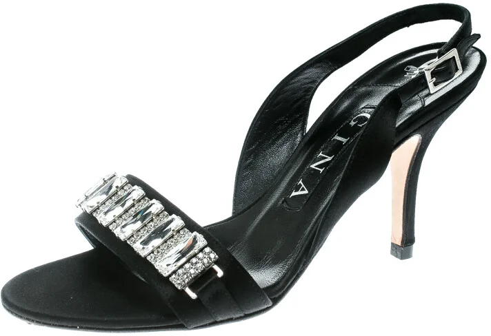 Gina Black Satin Crystal Embellished Slingback Sandals Size 37