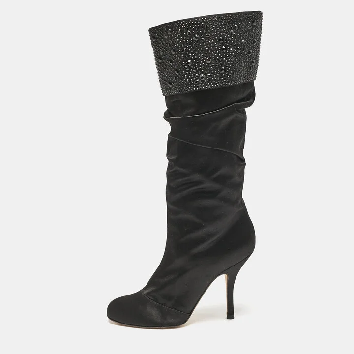 Gina Black Satin Crystals Embellished Pleated Mid Calf Boots Size 37