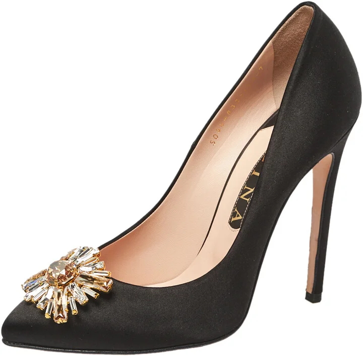 Gina Black Satin Swarovski Crystal Embellished Pumps Size 40