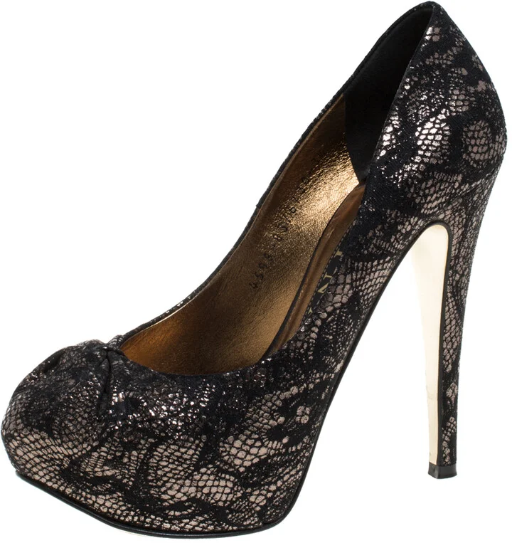 Gina Black/Silver Brocade Fabric Pleated High Heel Platform Pumps Size 36.5