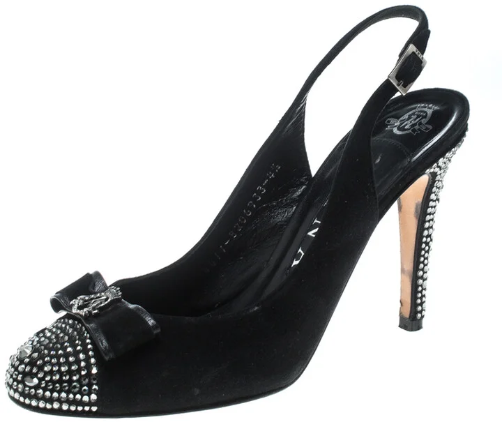 Gina Black Suede Crystal Embellished Cap Toe Slingback Sandals Size 37.5