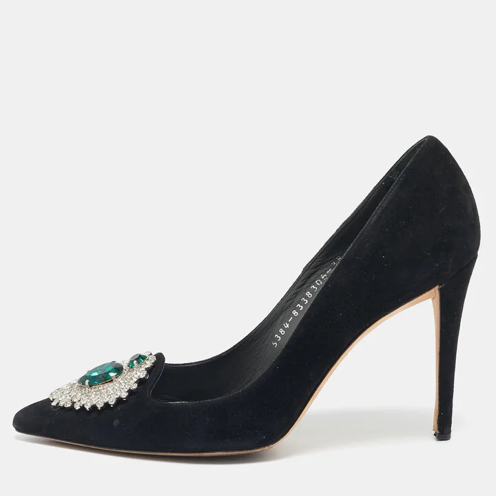 Gina Black Suede Giada Crystal Embellished Pointed Toe Pumps Size 38