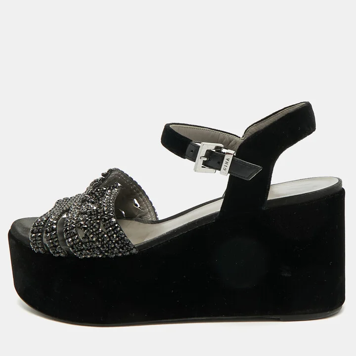 Gina Black Velvet Crystal Embellished Wedge Platform Ankle-Strap Sandals Size 38.5