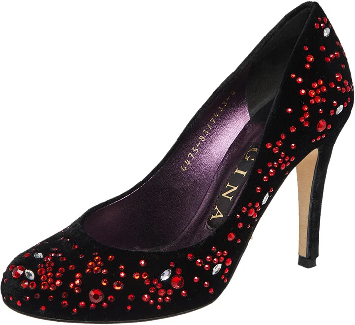 Gina Black Velvet Embellished Round Toe Pumps Size 37