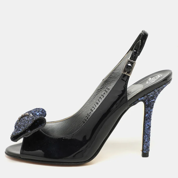 Gina Blue Patent Leather and Glitter Bow Embellished Peep Toe Slingback Pumps Size 38.5