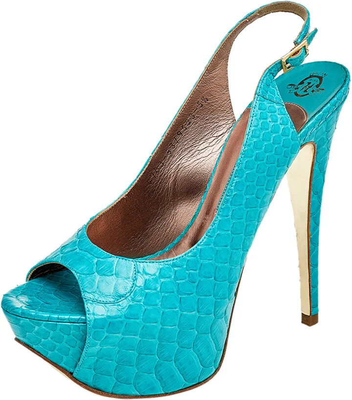 Gina Blue Python Peep Toe Platform Slingback Sandals Size 38.5