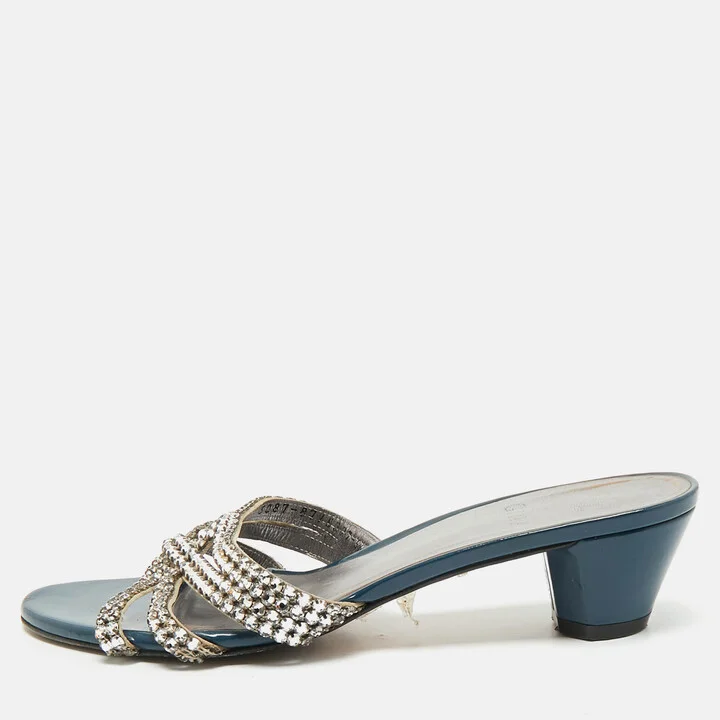 Gina Blue//Silver Patent Leather Crystal Embellished Slides Sandals Size 38.5
