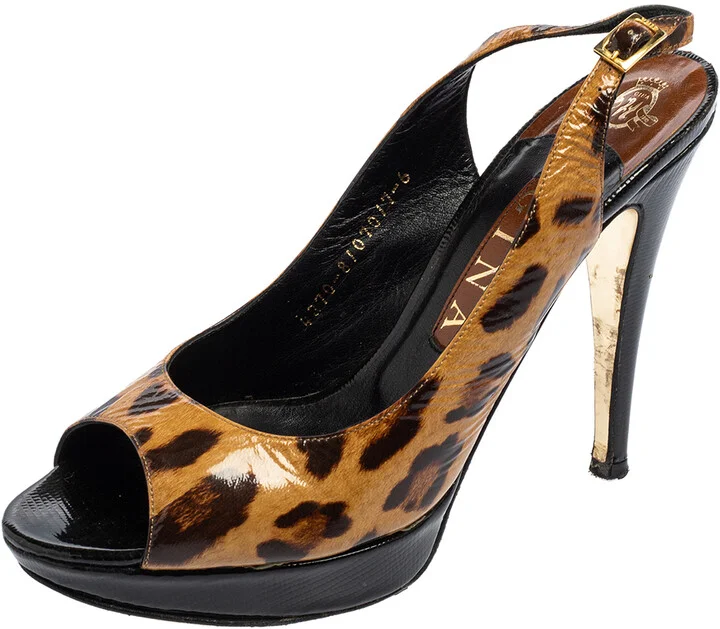 Gina Brown/Black Leopard Print Patent Leather Peep Toe Platform Slingback Sandals Size 39