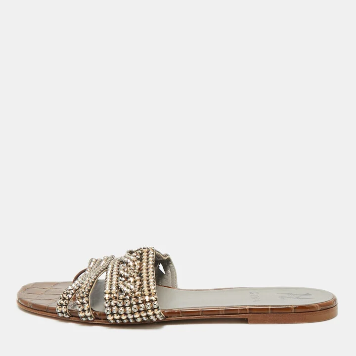 Gina Brown Croc Embossed Leather Crystal Embellished Loren Flat Sandals Size 39