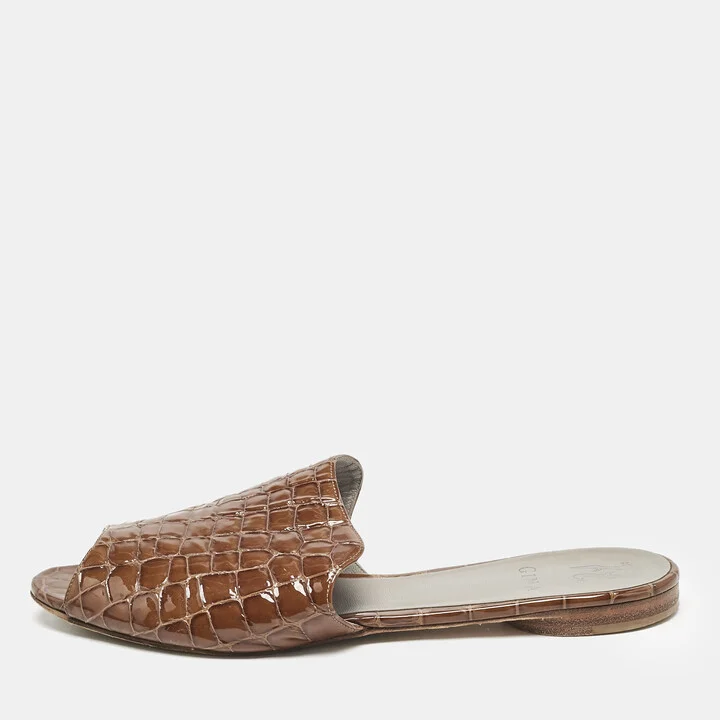 Gina Brown Croc Embossed Patent Leather Slide Sandals Size 41